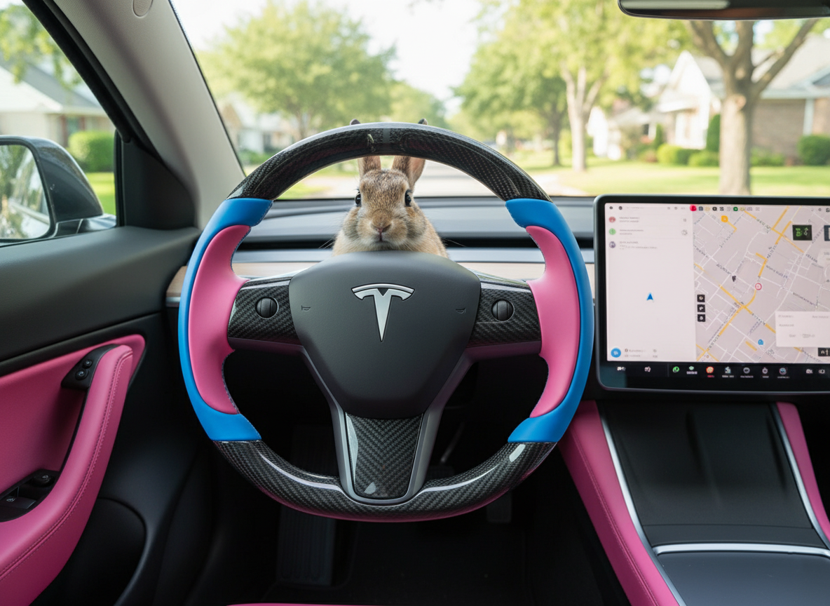 Bright blue and pink Carbon Fiber Tesla Model Y Steering Wheel-Track Master(2020-2024) Axeco