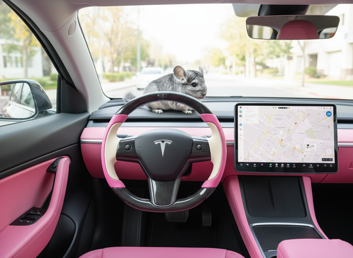 Bright pink and warm white Carbon Fiber Tesla Model Y Steering Wheel-Track Master(2020-2024) Axeco