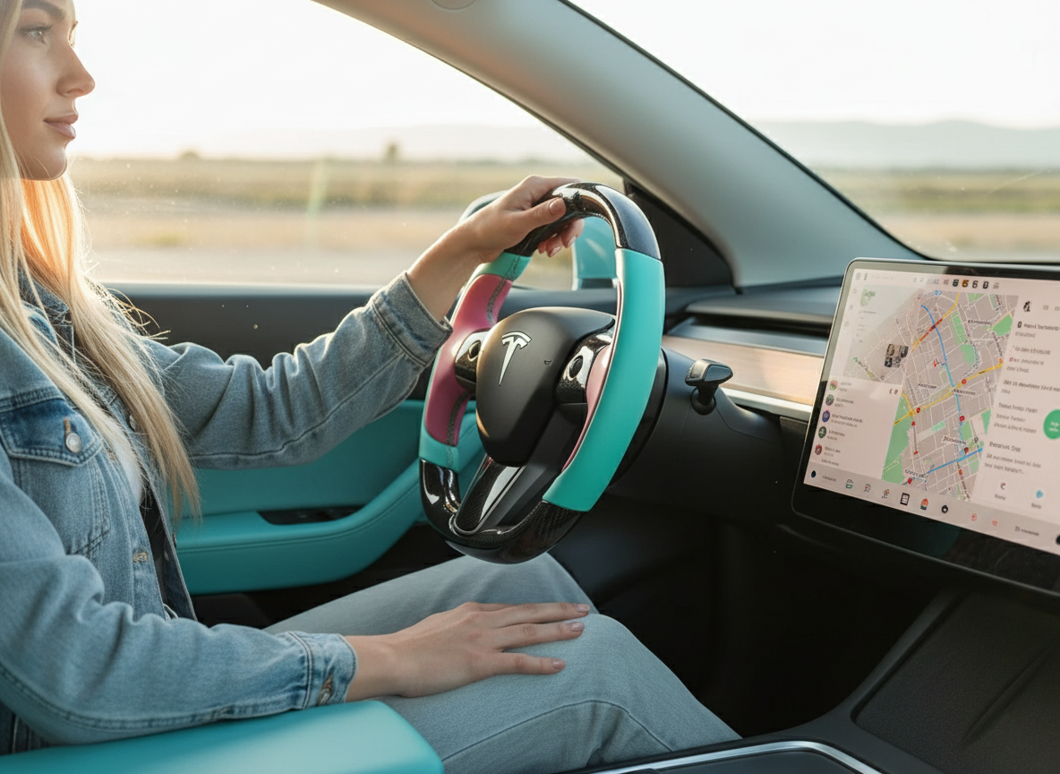 Mint green and pink Carbon Fiber Tesla Model Y Steering Wheel-Track Master(2020-2024) Axeco