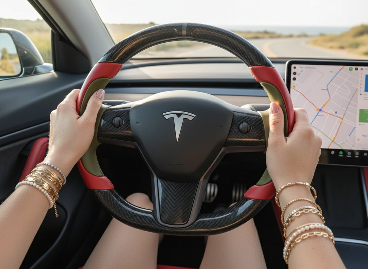 Red and green Carbon Fiber Tesla model 3 Steering Wheel -Track Master(2023.9+) Axeco