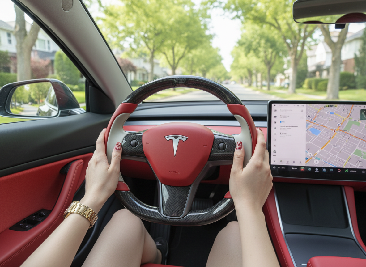 Red-Gray Tesla Model 3 Carbon Fiber Steering Wheel-Track Master(2017-2023.8) Axeco