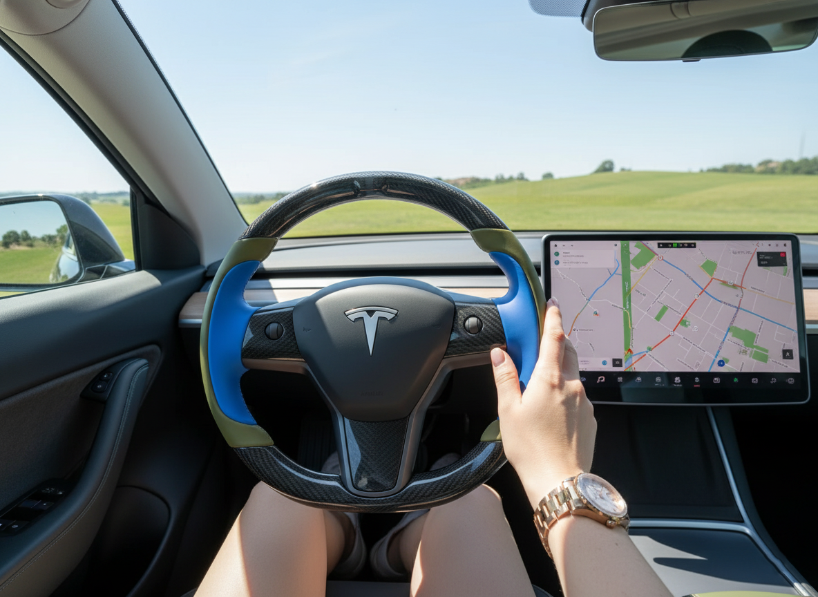 Bright blue and olive green Carbon Fiber Tesla Model Y Steering Wheel-Track Master(2020-2024) Axeco