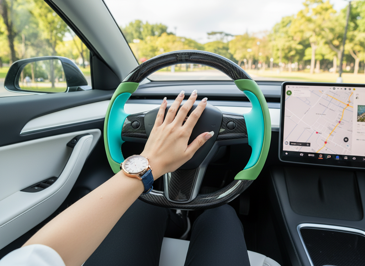 Green and light blue Carbon Fiber Tesla Model Y Steering Wheel-Track Master(2020-2024) Axeco