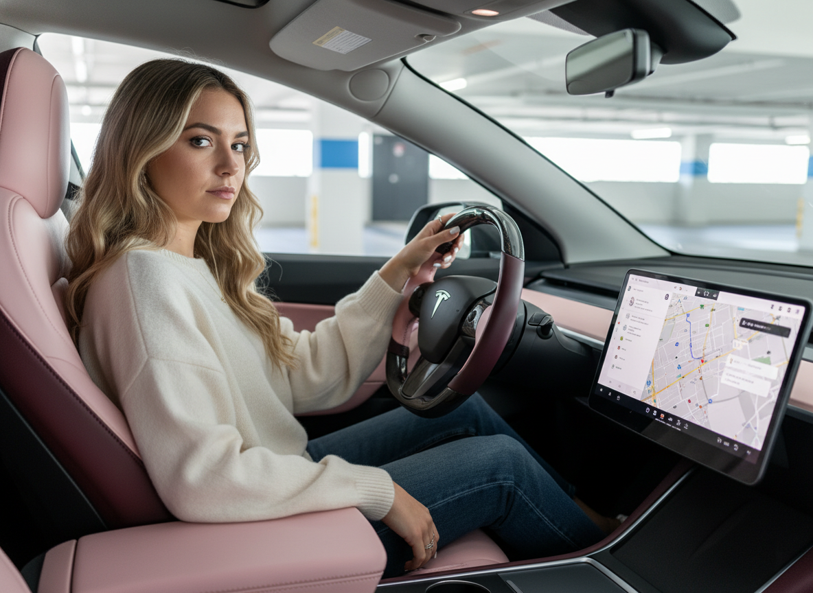 Wine red and soft pink Carbon Fiber Tesla Model Y Steering Wheel-Track Master(2020-2024) Axeco