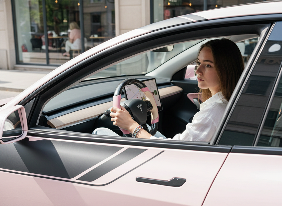 Soft pink and warm brown Carbon Fiber Tesla model 3 Steering Wheel -Track Master(2023.9+) Axeco