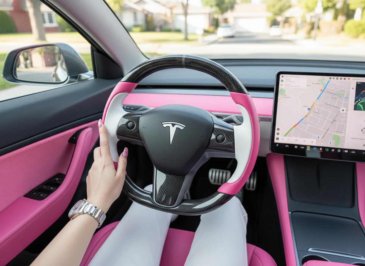 Pink-white Tesla Model 3 Carbon Fiber Steering Wheel-Track Master(2017-2023.8) Axeco