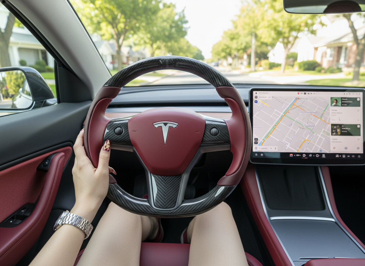 Wine red and carbon fiber black Carbon Fiber Tesla Model Y Steering Wheel-Track Master(2020-2024) Axeco