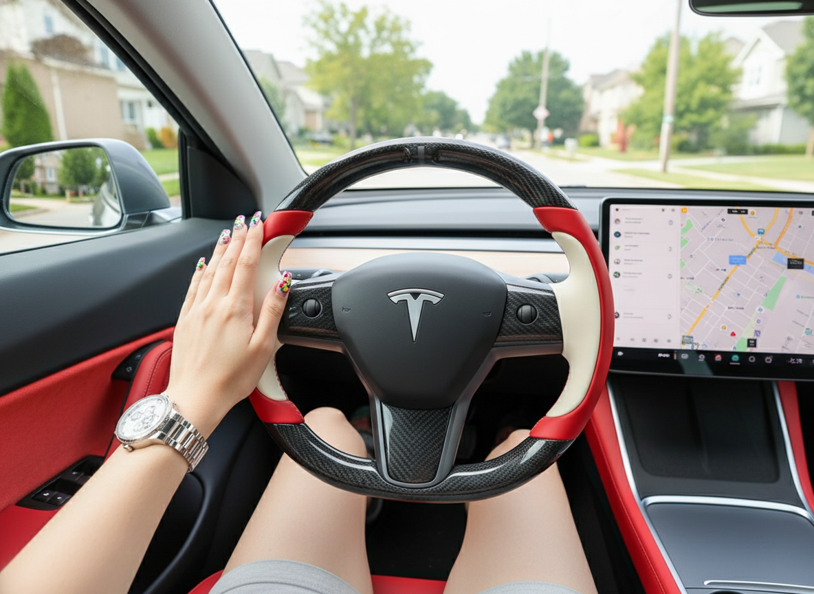 Red and off-white Carbon Fiber Tesla Model Y Steering Wheel-Track Master(2020-2024) Axeco