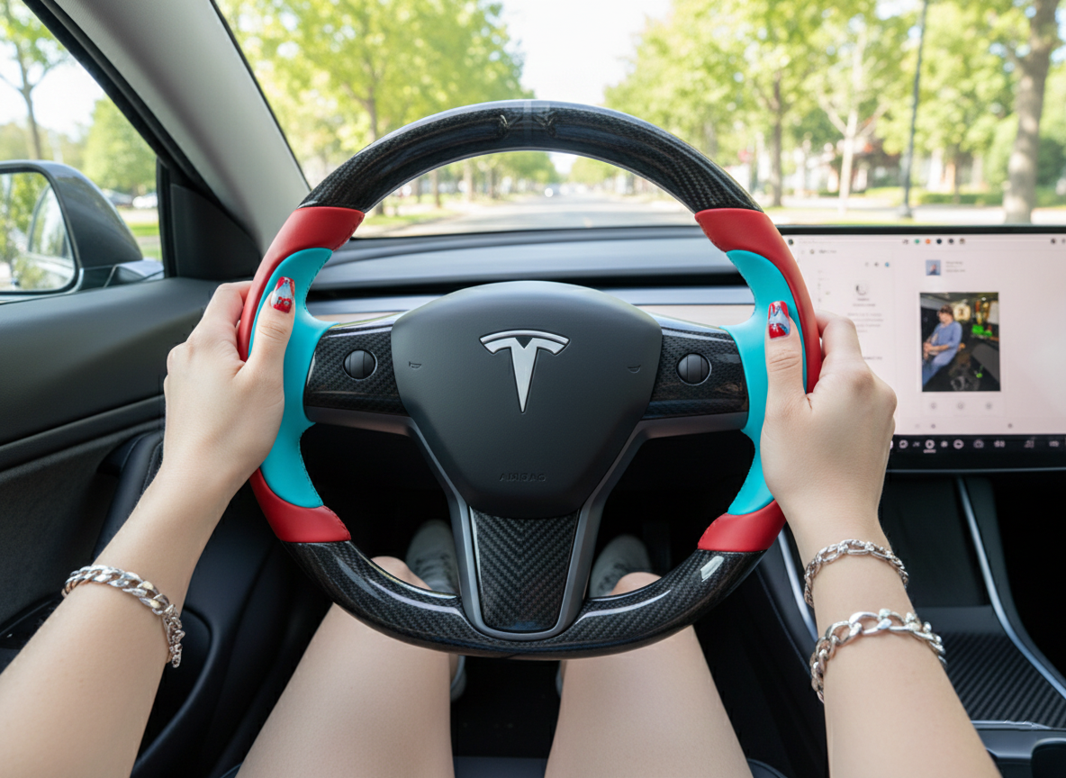 Bright red and lake blue Carbon Fiber Tesla model 3 Steering Wheel -Track Master(2023.9+) Axeco