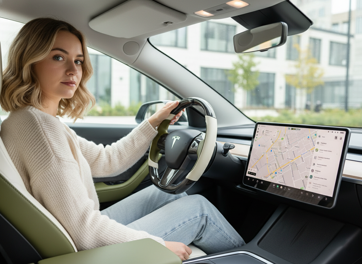 White and olive green Carbon Fiber Tesla model 3 Steering Wheel -Track Master(2023.9+) Axeco