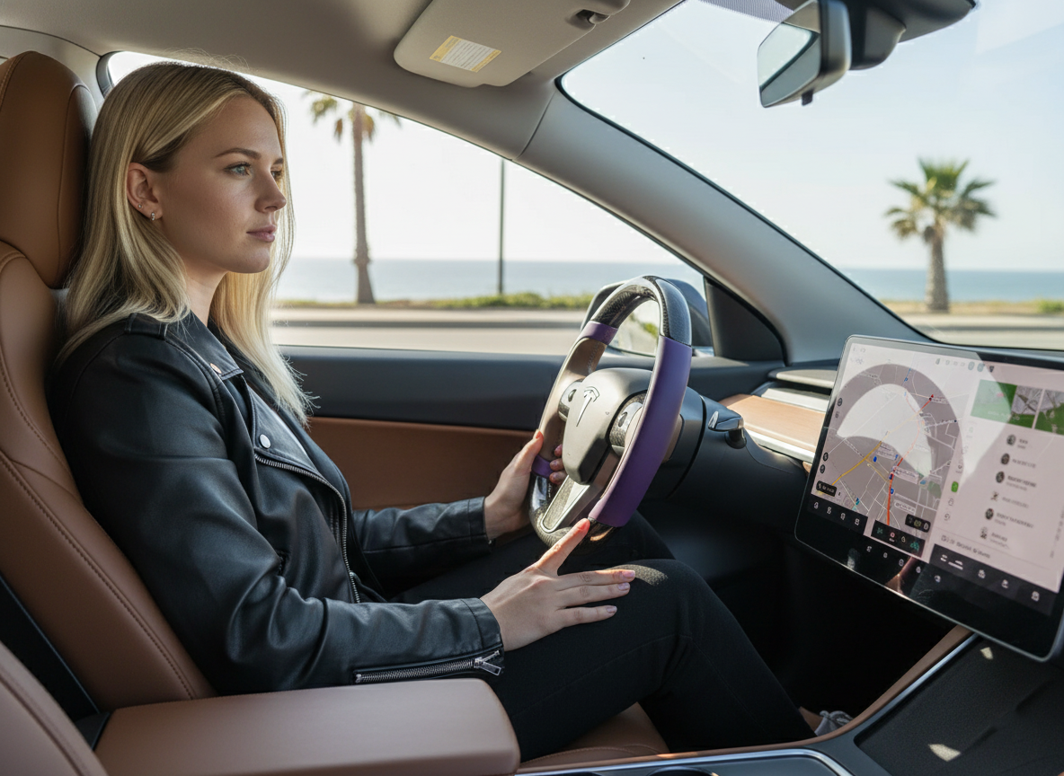 Purple and light brown Carbon Fiber Tesla Model Y Steering Wheel-Track Master(2020-2024) Axeco