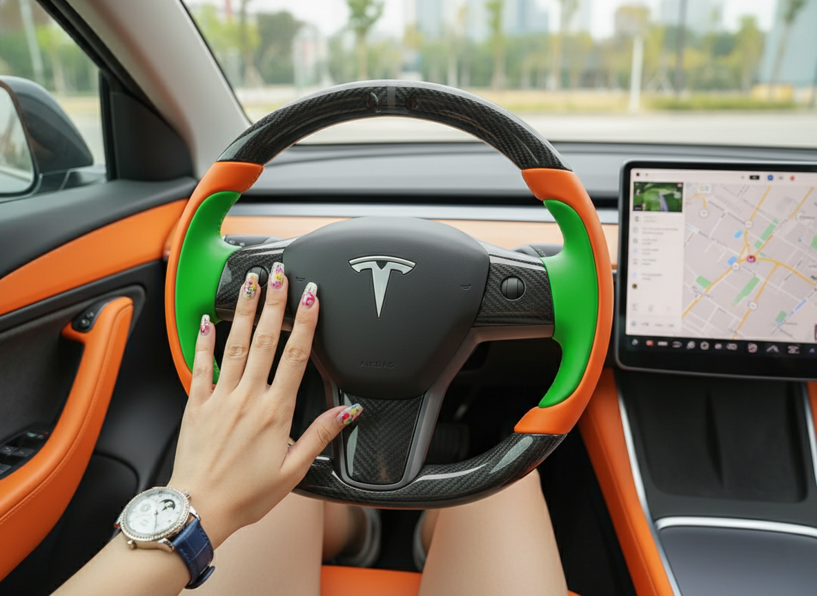 Bright orange and emerald green Carbon Fiber Tesla Model Y Steering Wheel-Track Master(2020-2024) Axeco