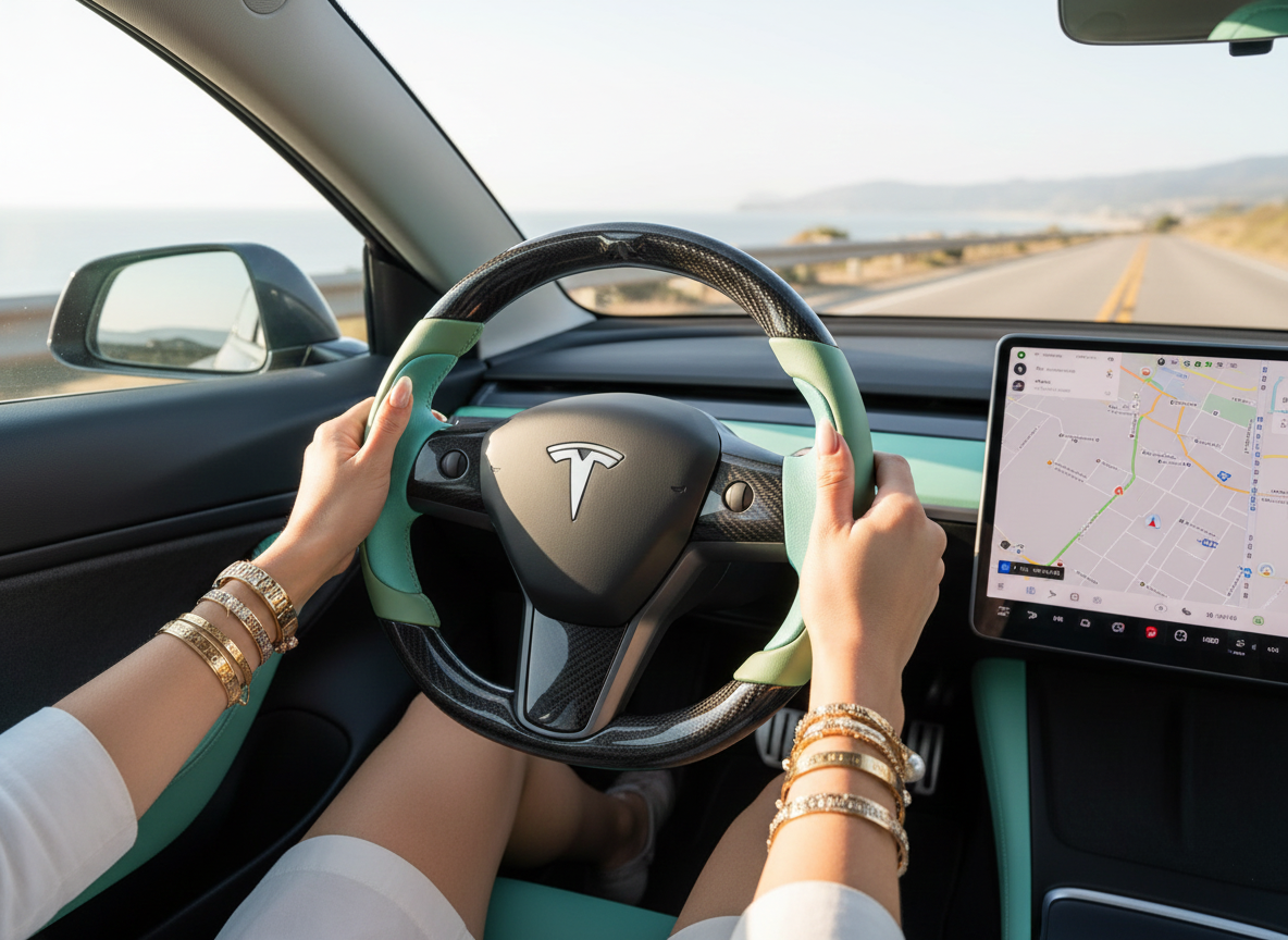 Mint green and light green Carbon Fiber Tesla model 3 Steering Wheel -Track Master(2023.9+) Axeco