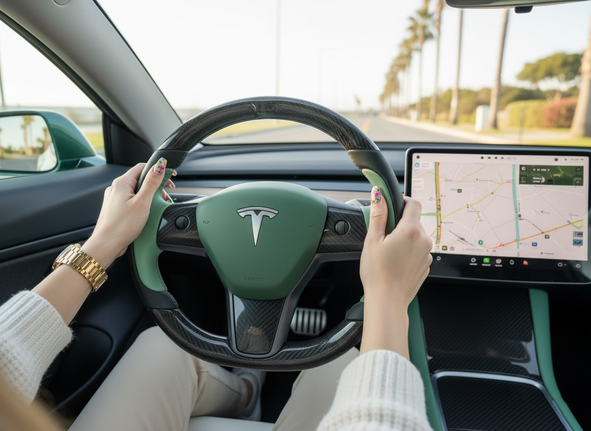 Light Green Carbon Fiber Tesla model 3 Steering Wheel -Track Master(2023.9+) Axeco