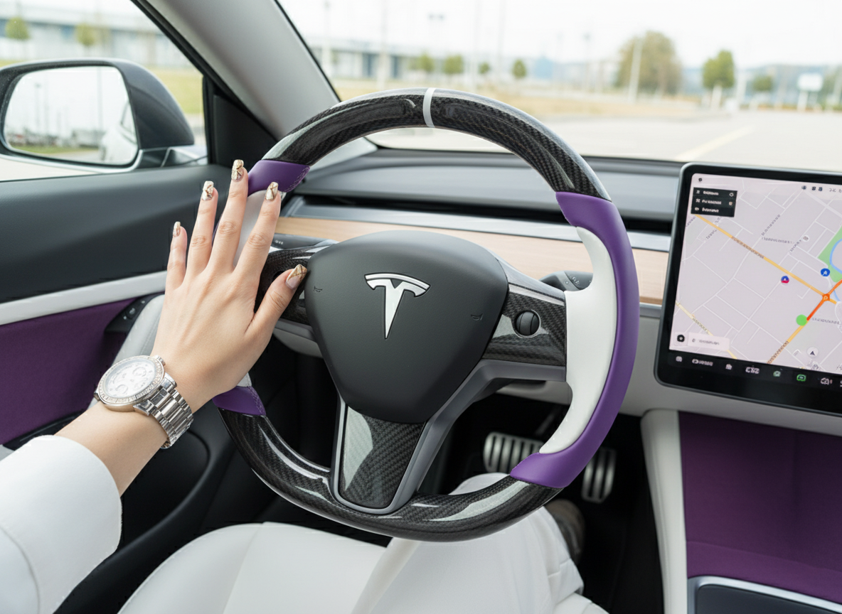 White-Purple Tesla Model 3 Carbon Fiber Steering Wheel-Track Master(2017-2023.8) Axeco