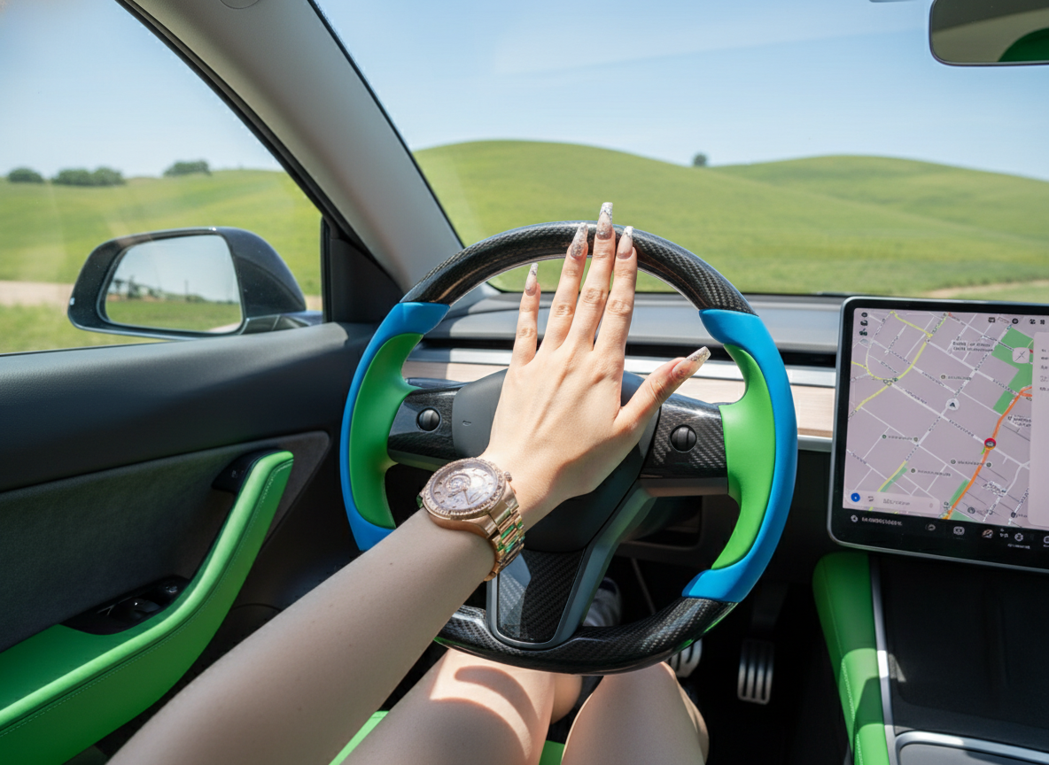 Bright blue and emerald green Carbon Fiber Tesla Model Y Steering Wheel-Track Master(2020-2024) Axeco