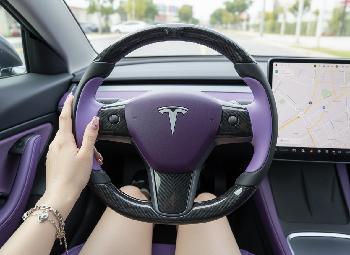 Purple Carbon Fiber Tesla model 3 Steering Wheel -Track Master(2023.9+) Axeco