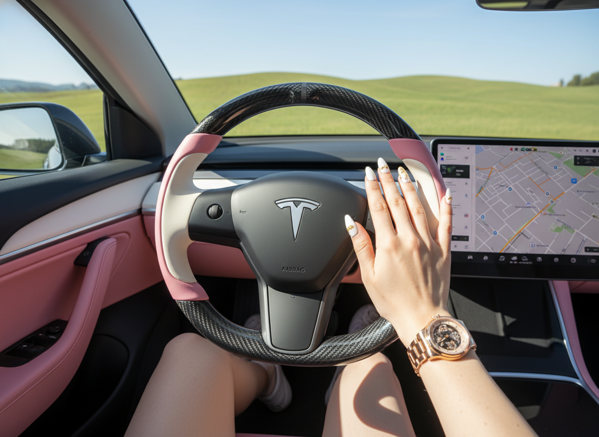 Soft pink and pure white Carbon Fiber Tesla Model Y Steering Wheel-Track Master(2020-2024) Axeco