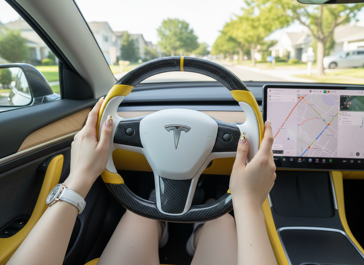 White-Yellow Tesla Model 3 Carbon Fiber Steering Wheel-Track Master(2017-2023.8) Axeco