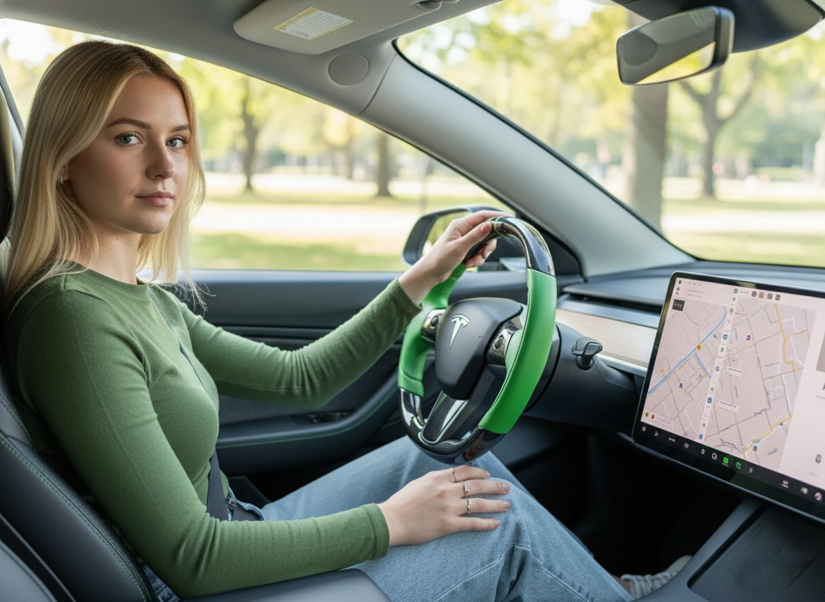 Green Leather Carbon Fiber Tesla Model 3 Steering Wheel - Track Master (2017-2023.8) Axeco