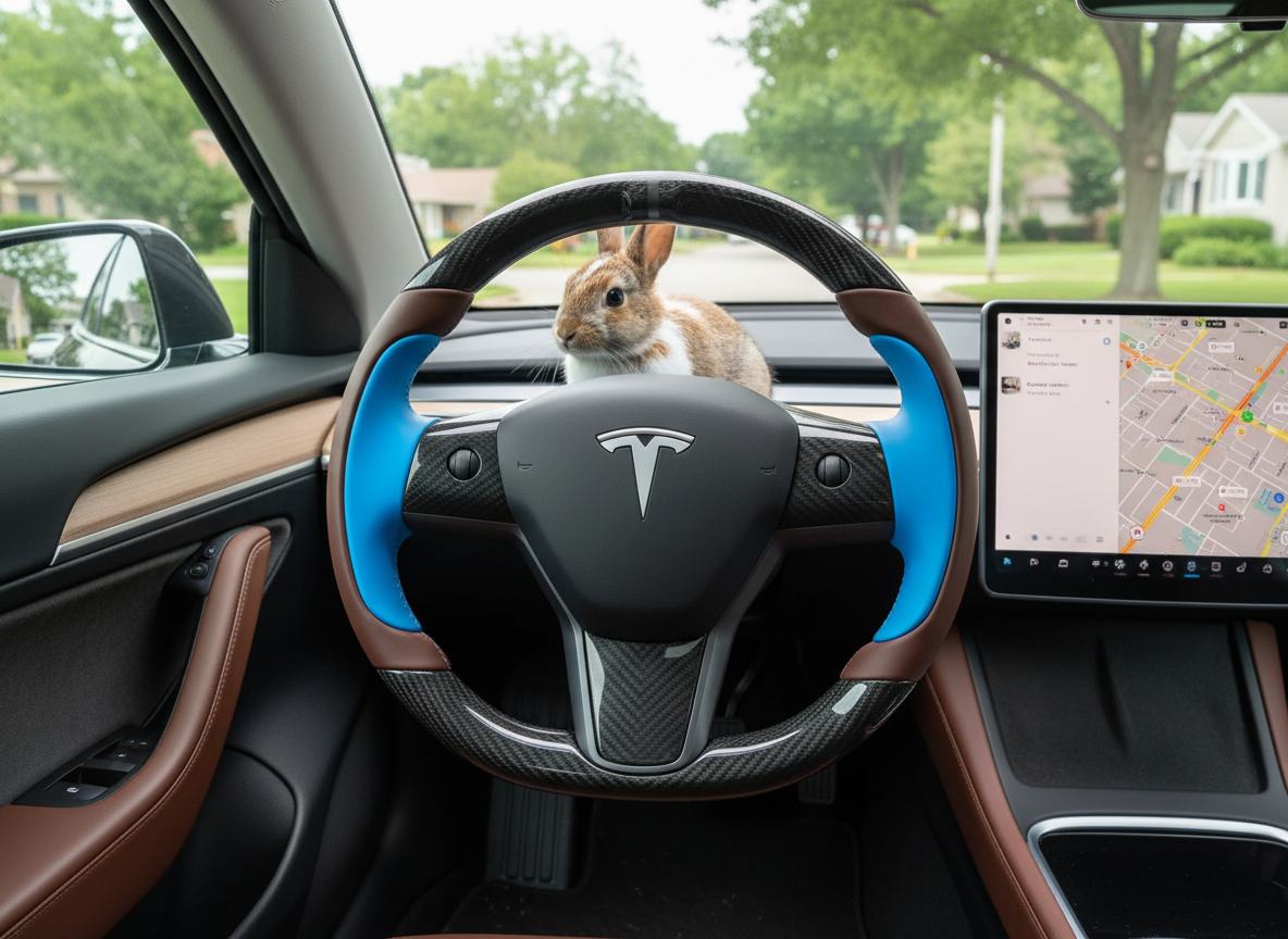 Dark brown and bright blue Carbon Fiber Tesla Model Y Steering Wheel-Track Master(2020-2024) Axeco