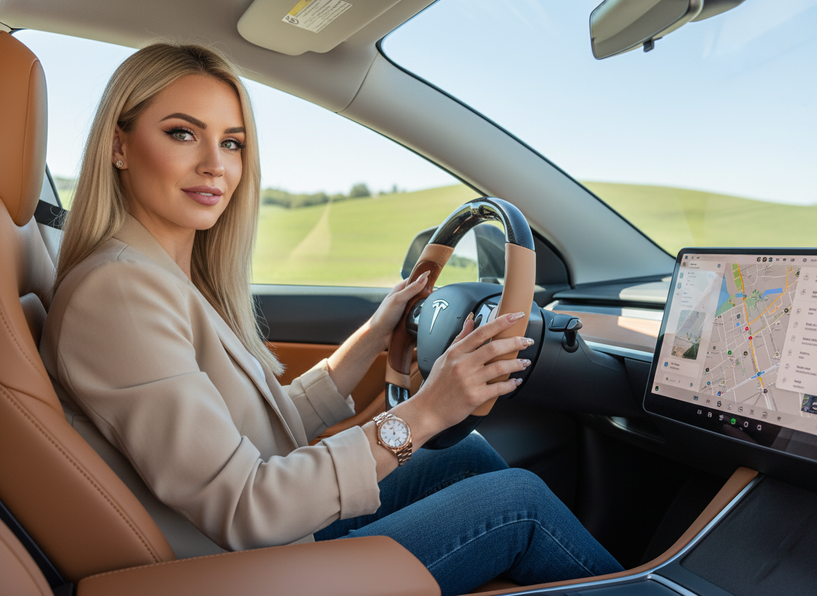 Brown and light brown Carbon Fiber Tesla Model Y Steering Wheel-Track Master(2020-2024) Axeco