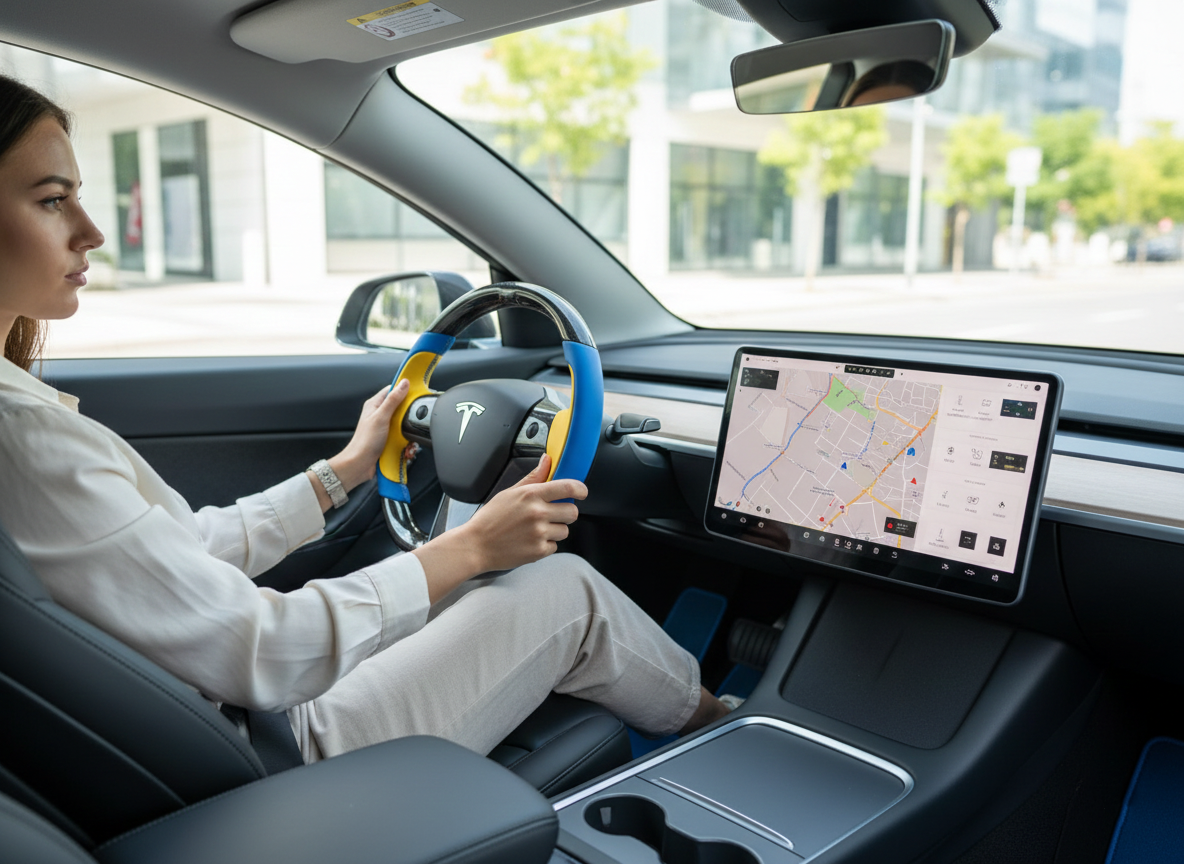 Bright blue and bright yellow Carbon Fiber Tesla Model Y Steering Wheel-Track Master(2020-2024) Axeco