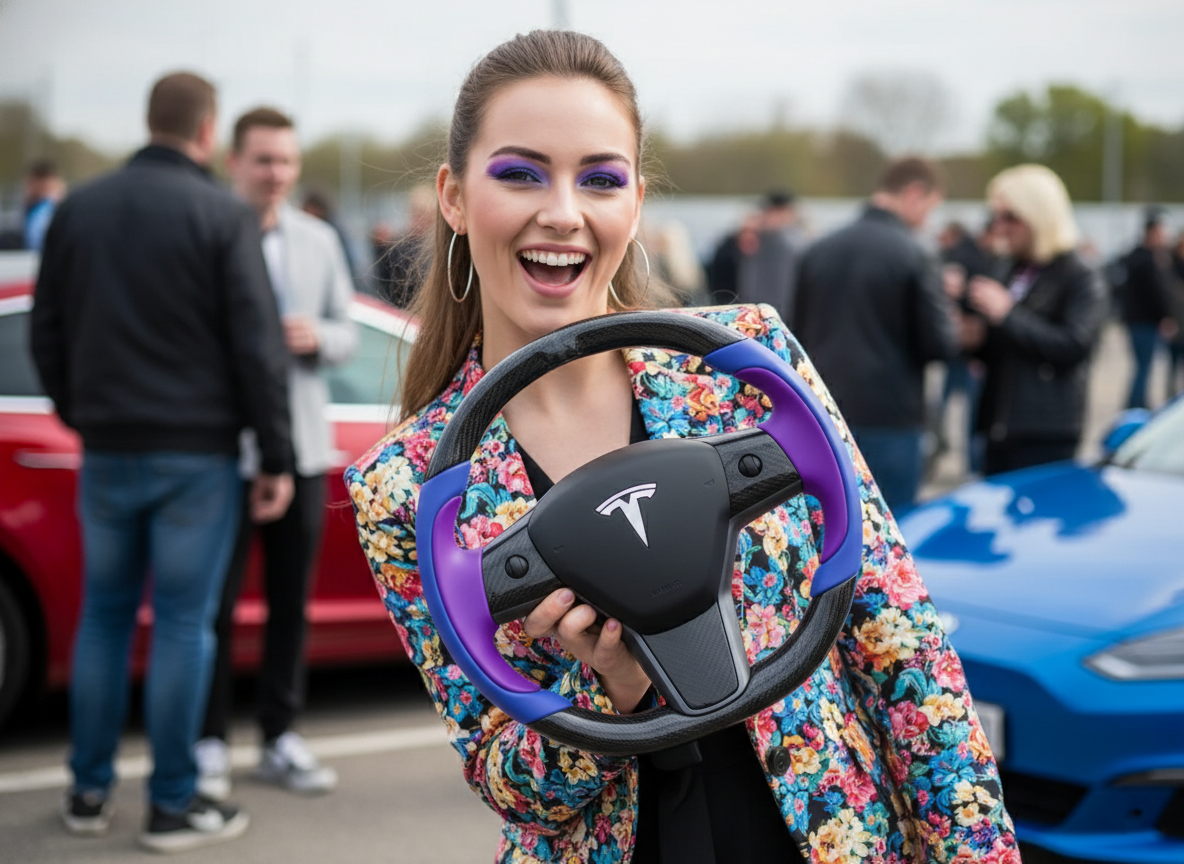 Bright blue and deep purple Carbon Fiber Tesla Model Y Steering Wheel-Track Master(2020-2024) Axeco