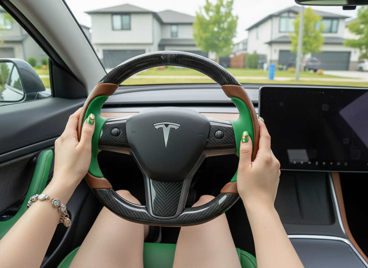 Dark brown and green Carbon Fiber Tesla model 3 Steering Wheel -Track Master(2023.9+) Axeco