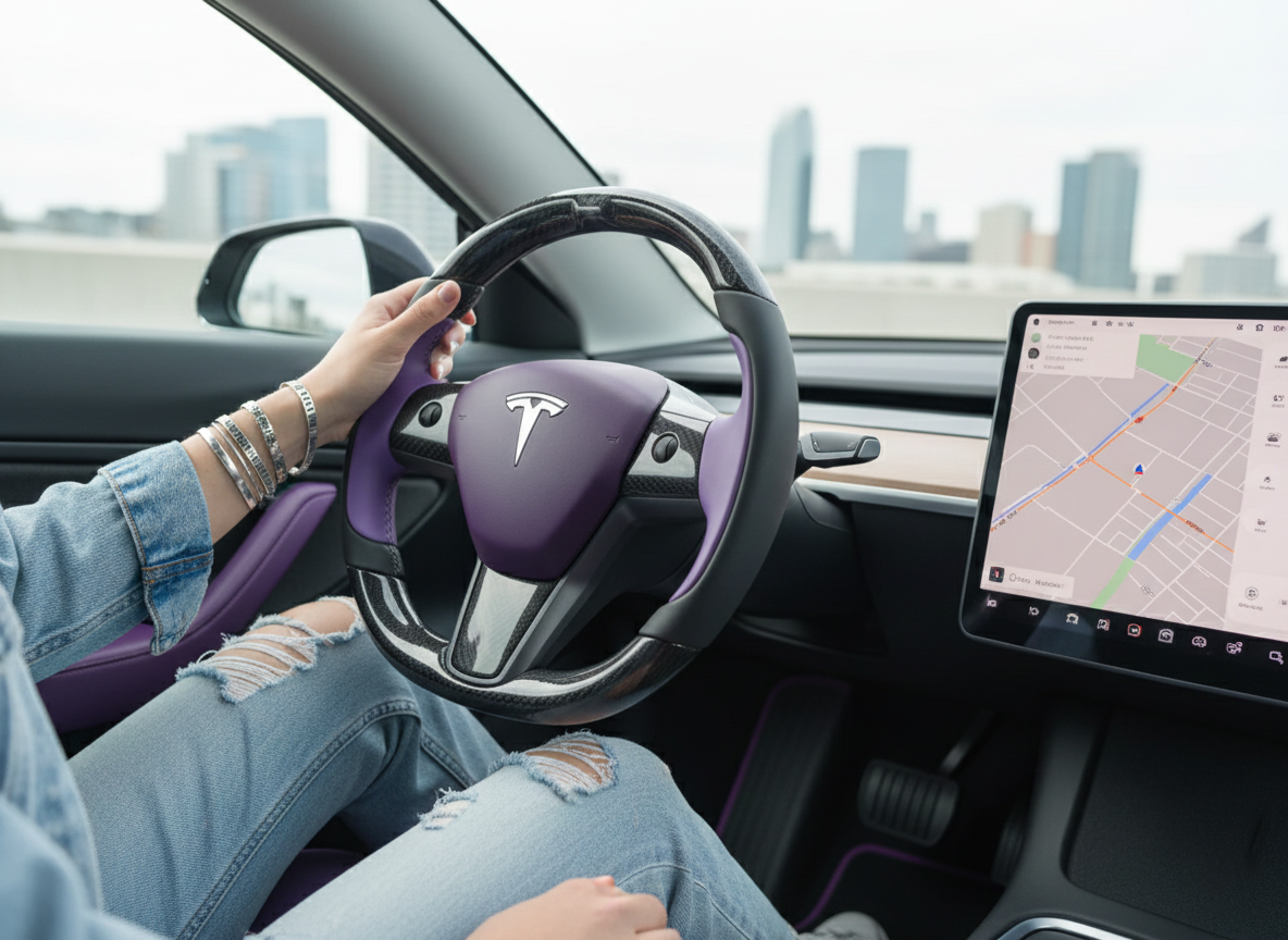 Purple Carbon Fiber Tesla model 3 Steering Wheel -Track Master(2023.9+) Axeco