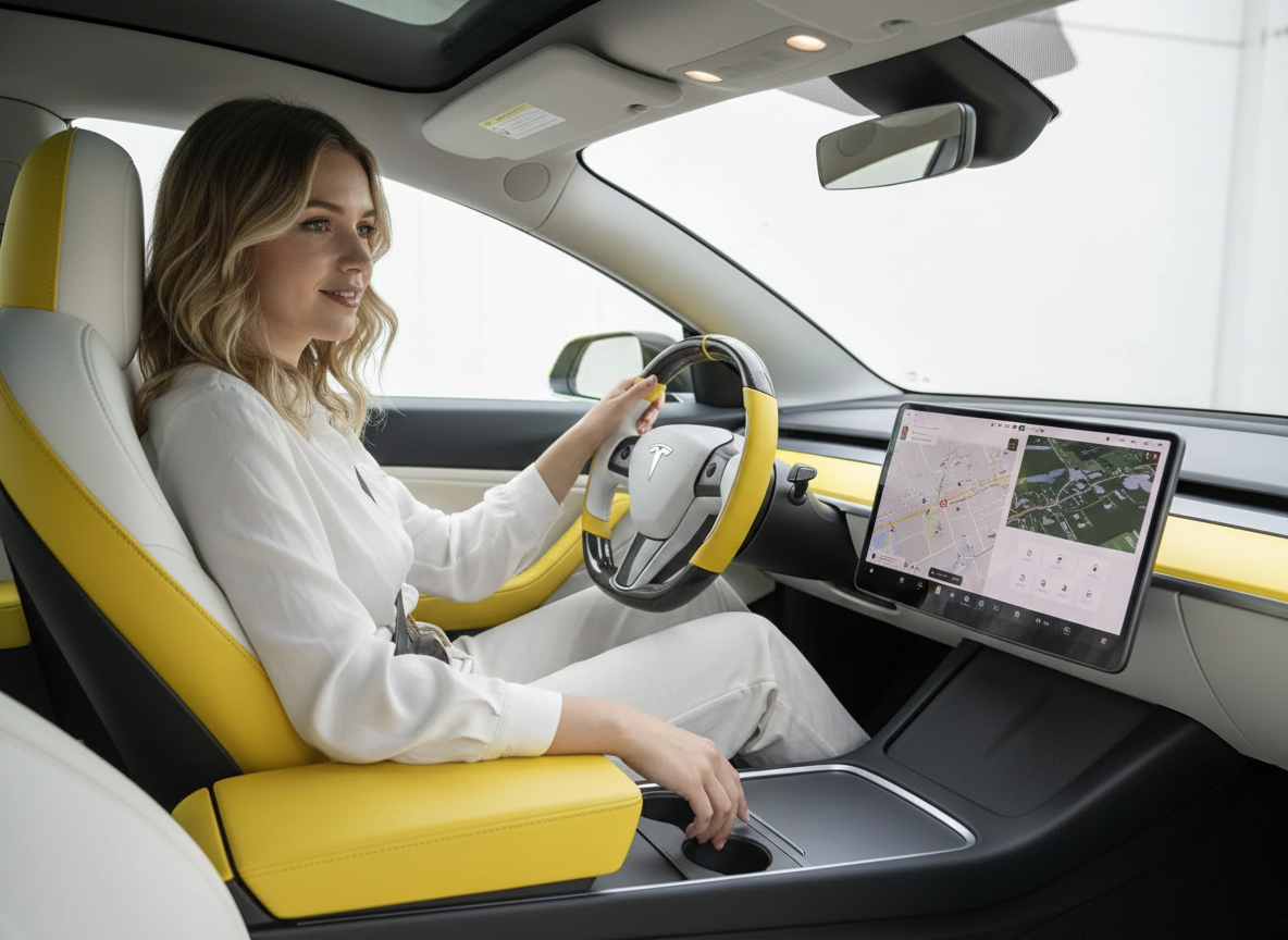 White-Yellow Tesla Model 3 Carbon Fiber Steering Wheel-Track Master(2017-2023.8) Axeco