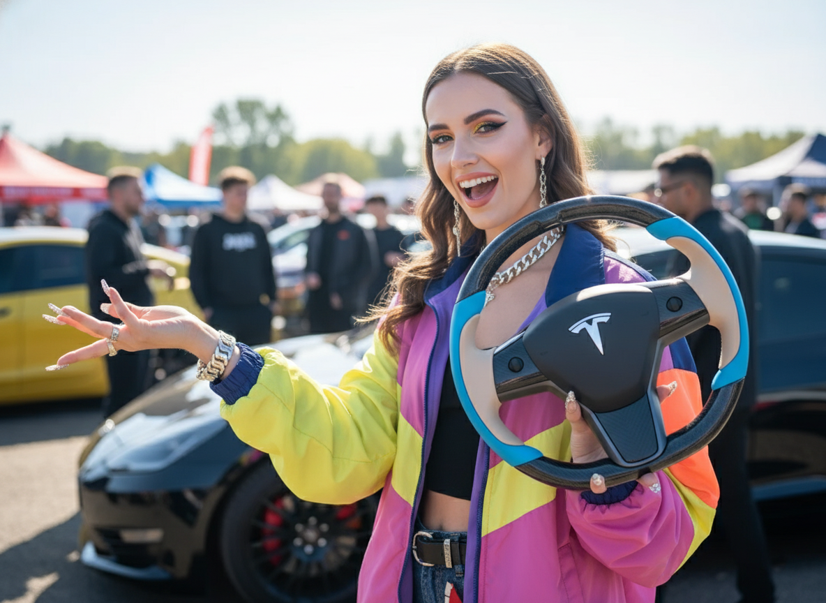 Blue and beige Carbon Fiber Tesla model 3 Steering Wheel -Track Master(2023.9+) Axeco