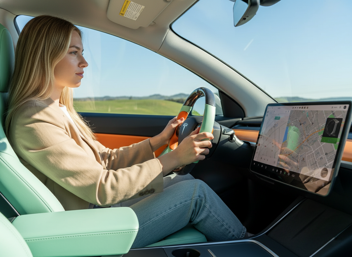Bright orange and mint green Carbon Fiber Tesla Model Y Steering Wheel-Track Master(2020-2024) Axeco