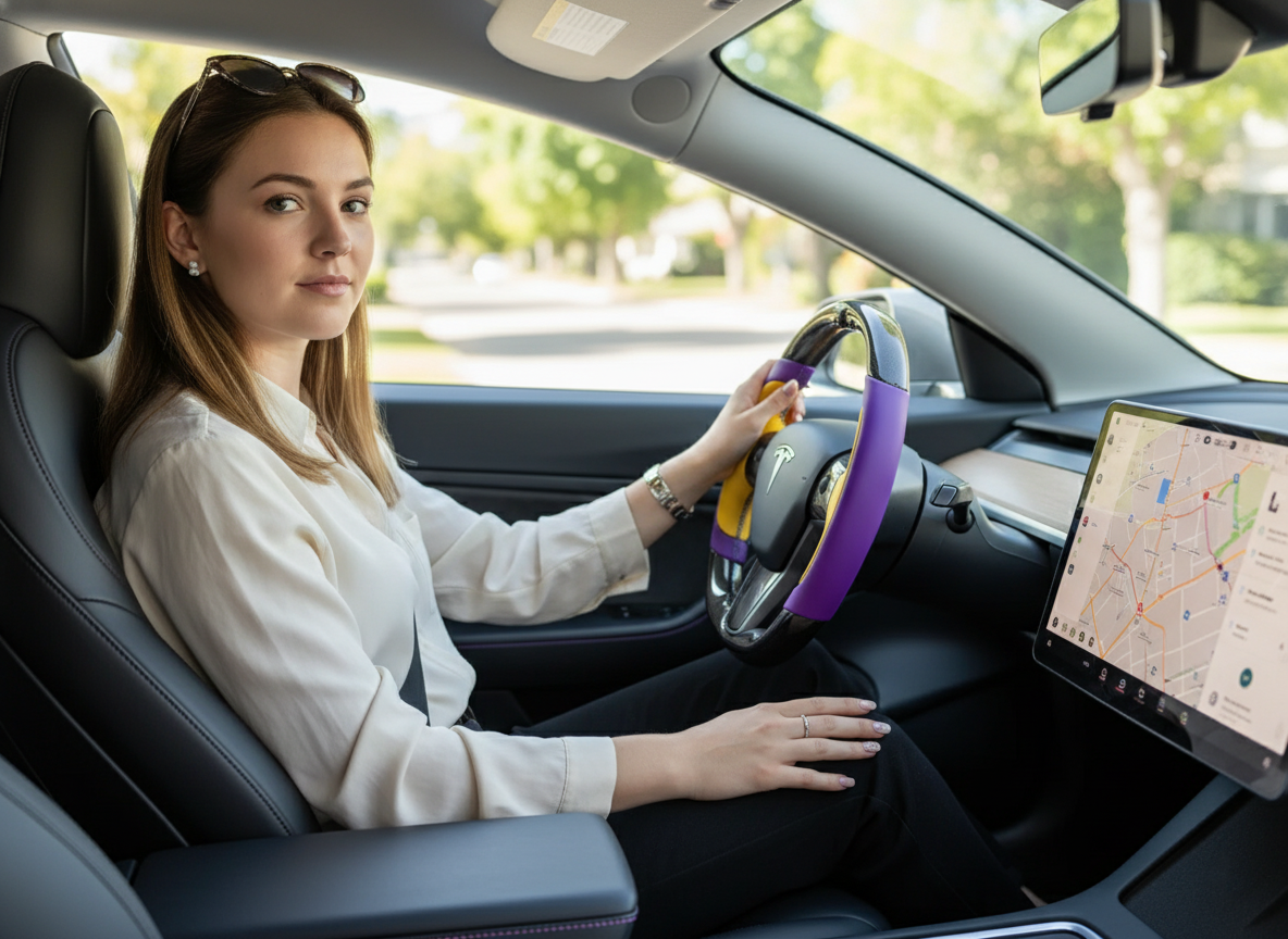 Purple and yellow Carbon Fiber Tesla model 3 Steering Wheel -Track Master(2023.9+) Axeco