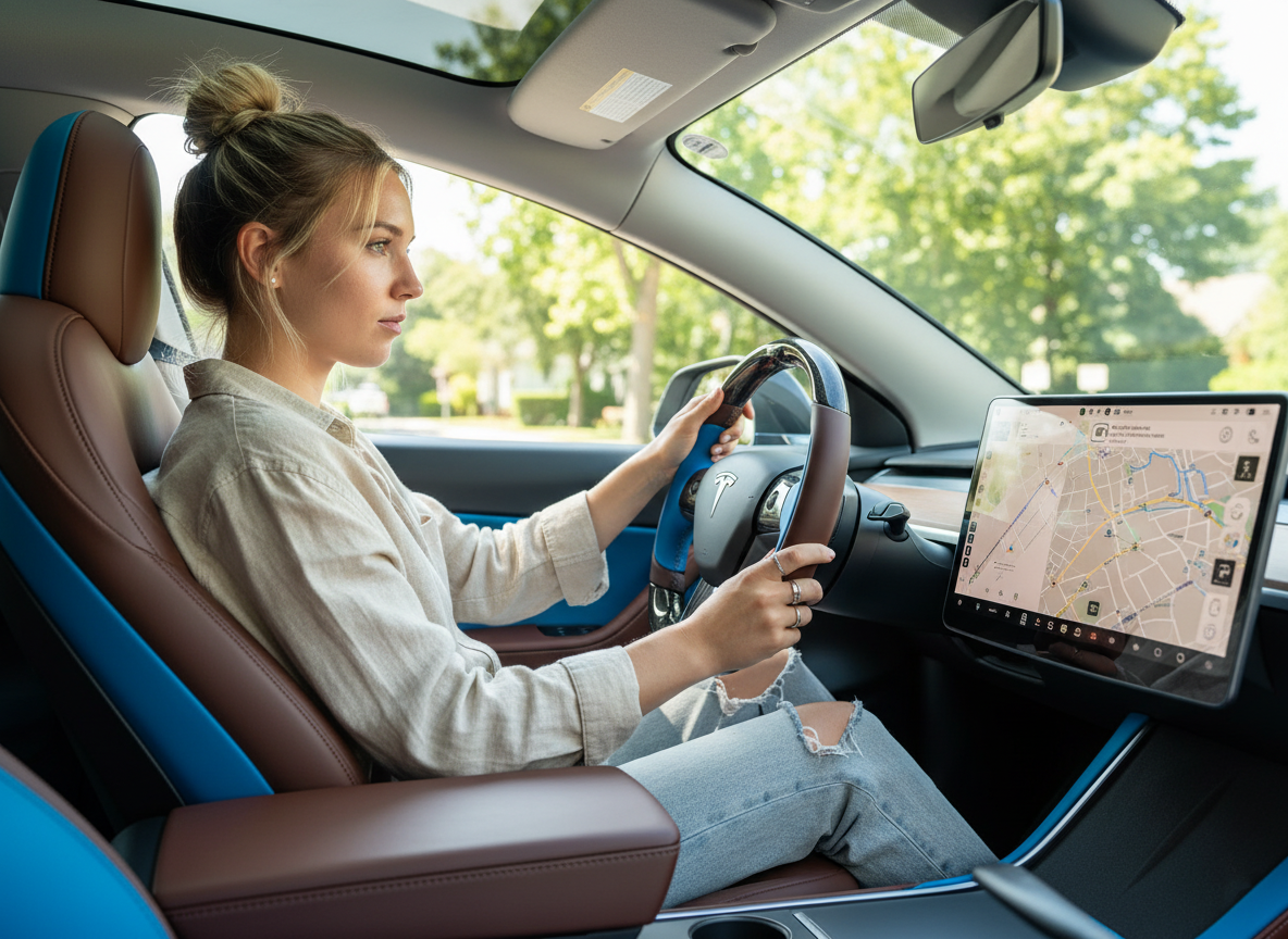 Dark brown and bright blue Carbon Fiber Tesla Model Y Steering Wheel-Track Master(2020-2024) Axeco