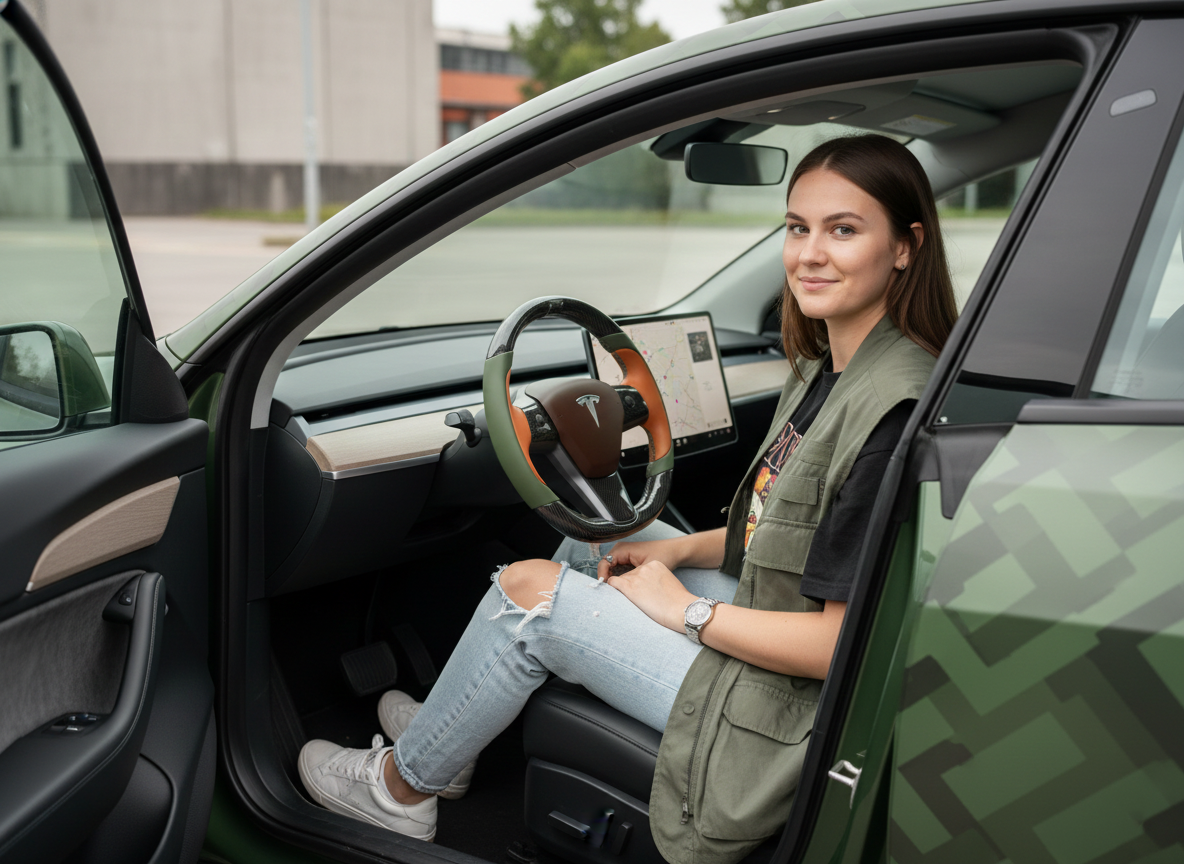 Olive green and orange Carbon Fiber Tesla Model Y Steering Wheel-Track Master(2020-2024) Axeco