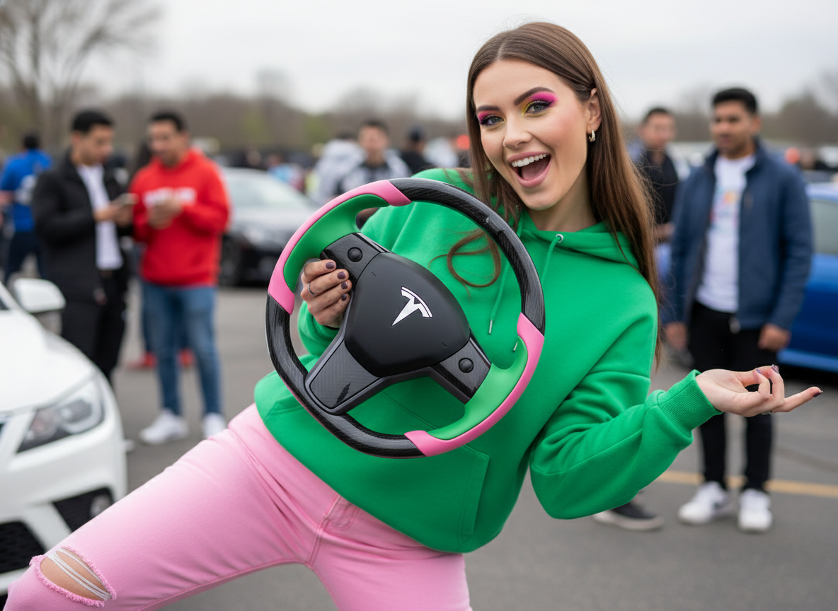 Soft pink and emerald green Carbon Fiber Tesla model 3 Steering Wheel -Track Master(2023.9+) Axeco