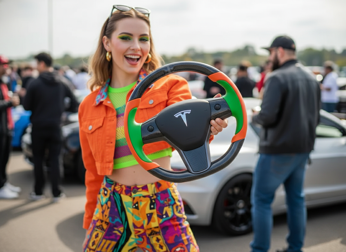 Bright orange and emerald green Carbon Fiber Tesla Model Y Steering Wheel-Track Master(2020-2024) Axeco