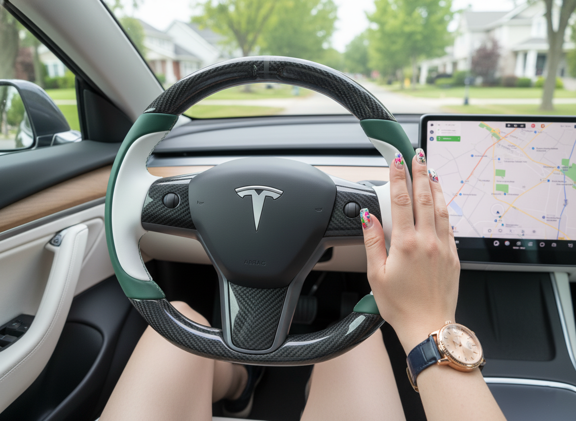 Dark green and white Carbon Fiber Tesla model 3 Steering Wheel -Track Master(2023.9+) Axeco