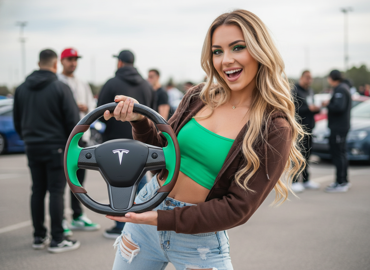 Brownish and emerald green Carbon Fiber Tesla Model Y Steering Wheel-Track Master(2020-2024) Axeco