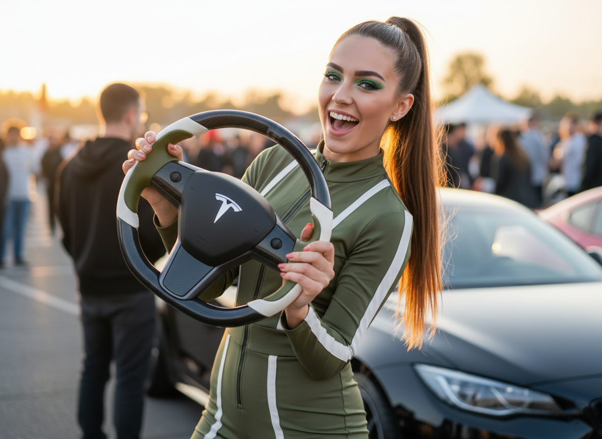 White and olive green Carbon Fiber Tesla model 3 Steering Wheel -Track Master(2023.9+) Axeco