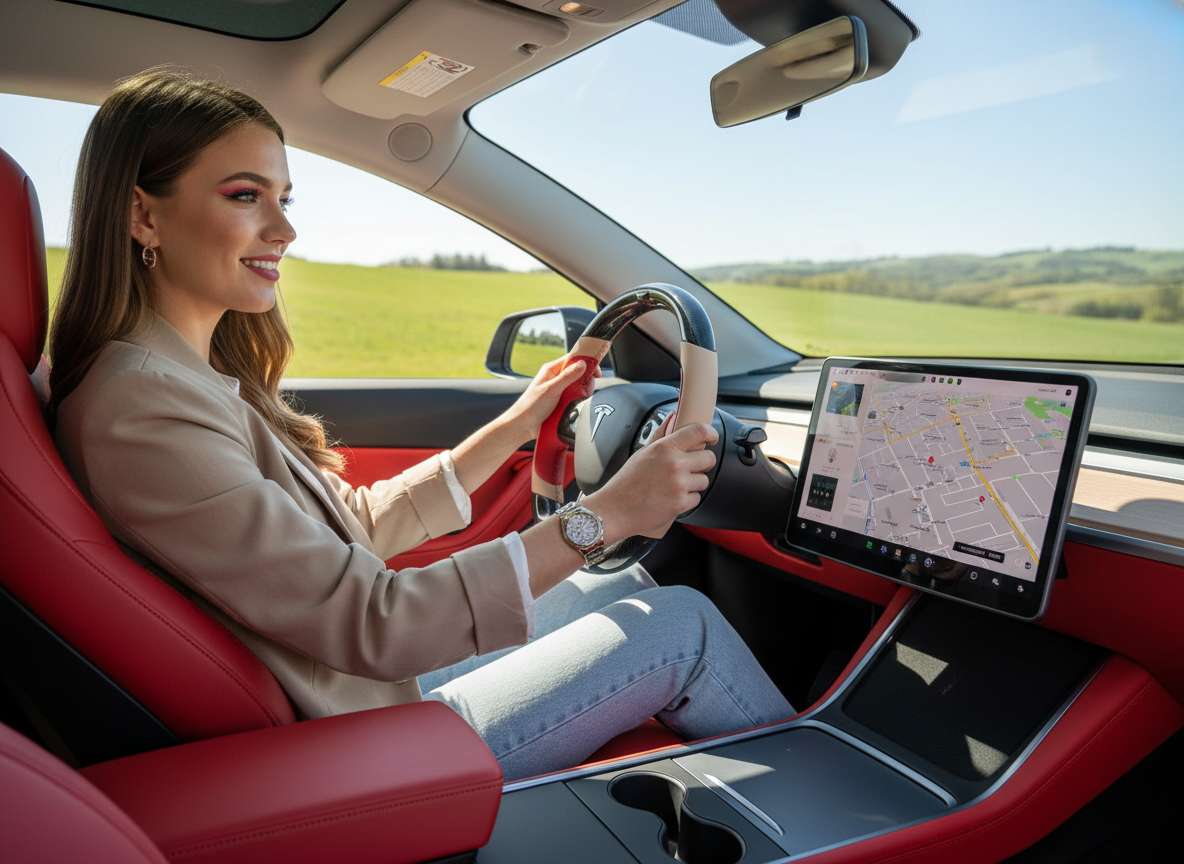 Bright red and warm brown Carbon Fiber Tesla Model Y Steering Wheel-Track Master(2020-2024) Axeco