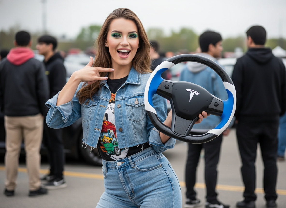 Bright blue and pure white Carbon Fiber Tesla model 3 Steering Wheel -Track Master(2023.9+) Axeco