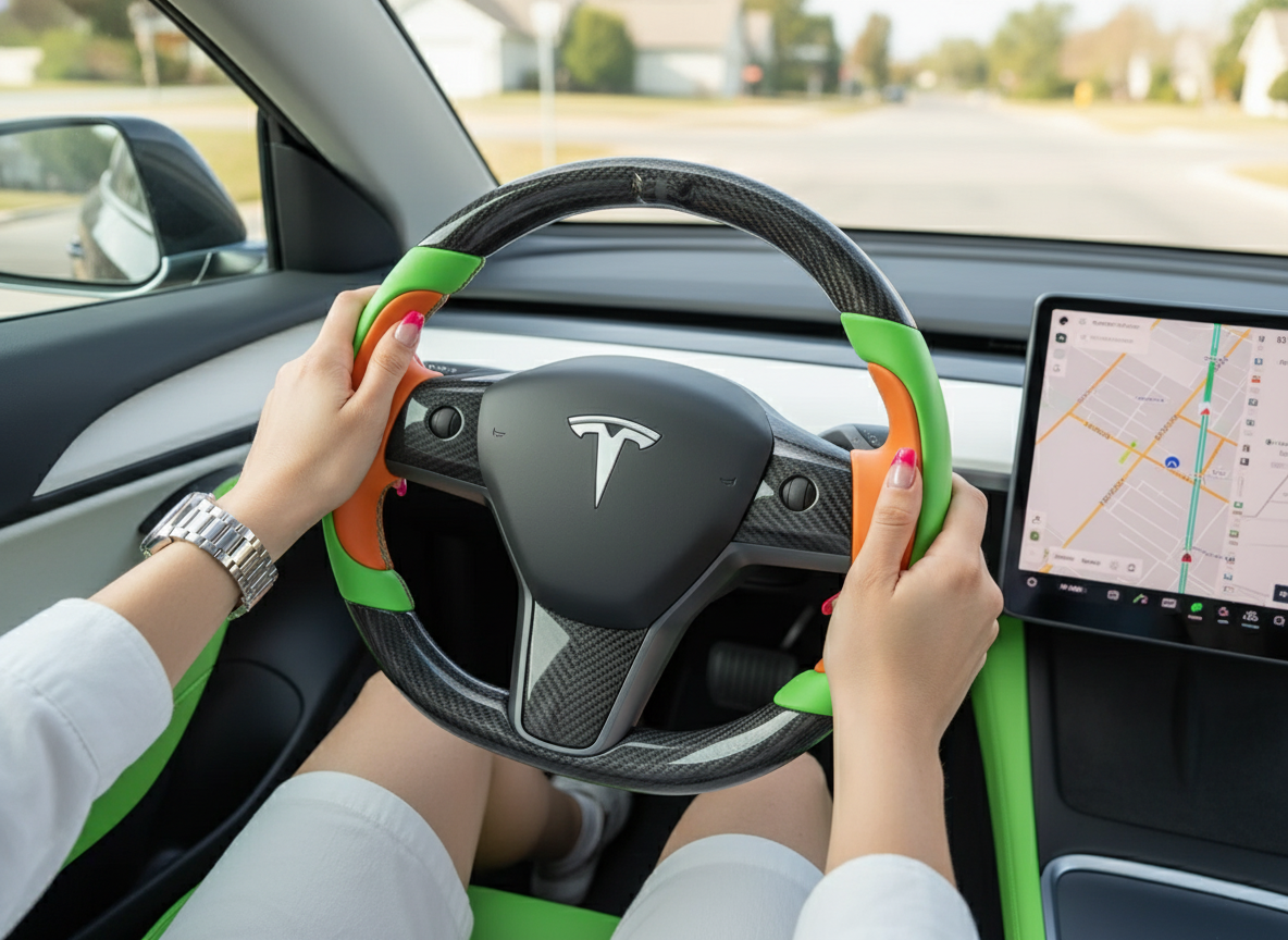 Emerald green and bright orange Carbon Fiber Tesla Model Y Steering Wheel-Track Master(2020-2024) Axeco