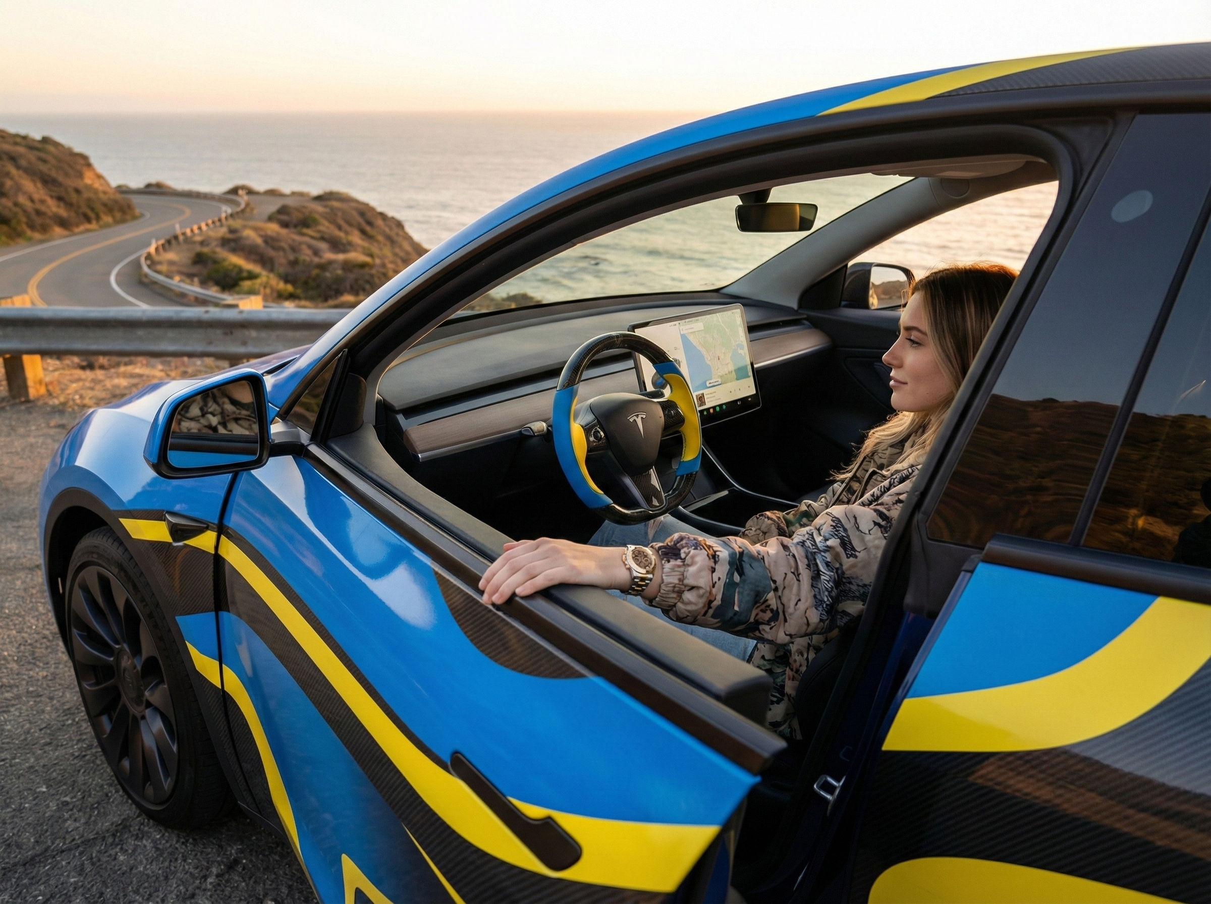 Bright blue and bright yellow Carbon Fiber Tesla Model Y Steering Wheel-Track Master(2020-2024) Axeco