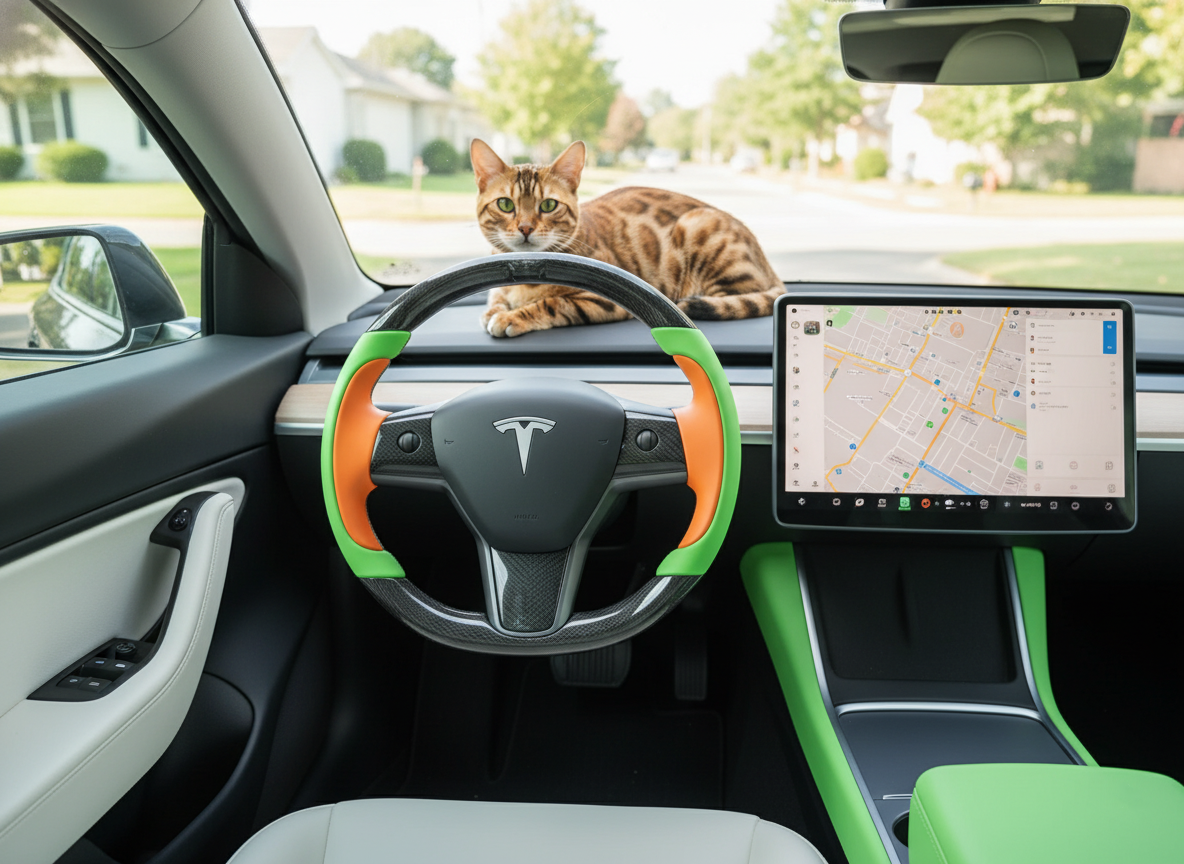 Emerald green and bright orange Carbon Fiber Tesla Model Y Steering Wheel-Track Master(2020-2024) Axeco