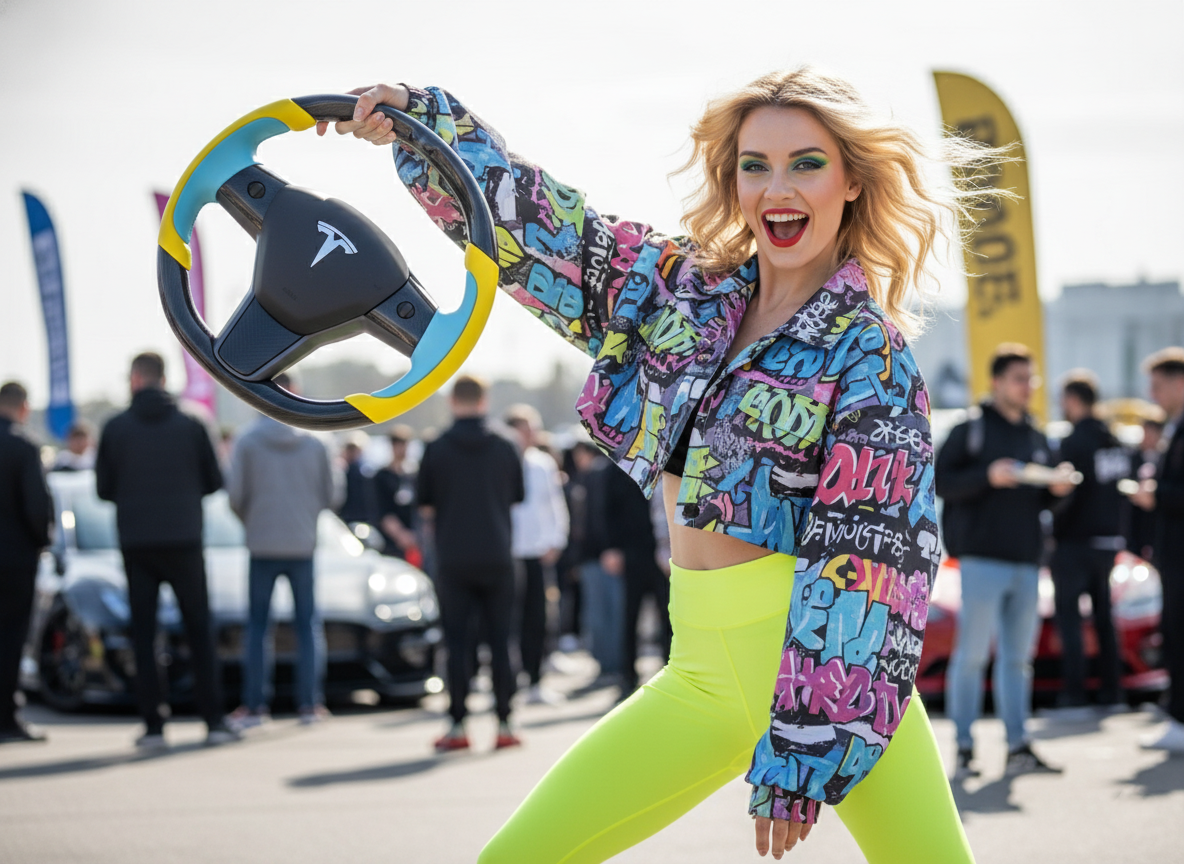 Yellow and light blue Carbon Fiber Tesla Model Y Steering Wheel-Track Master(2020-2024) Axeco