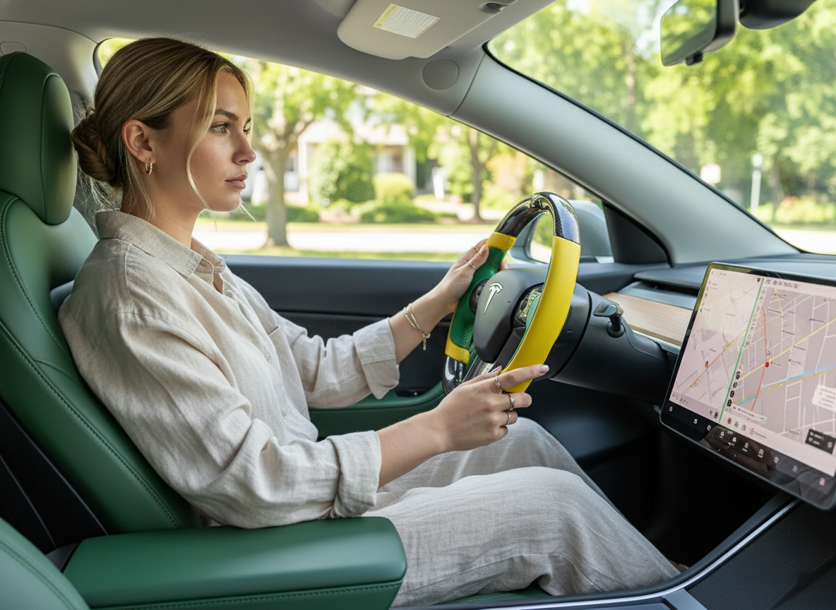 Bright yellow and emerald green Carbon Fiber Tesla Model Y Steering Wheel-Track Master(2020-2024) Axeco