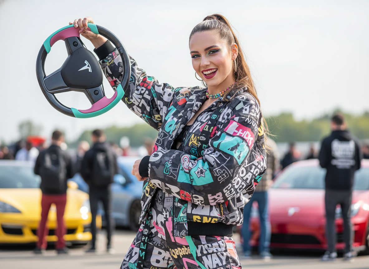 Mint green and pink Carbon Fiber Tesla Model Y Steering Wheel-Track Master(2020-2024) Axeco