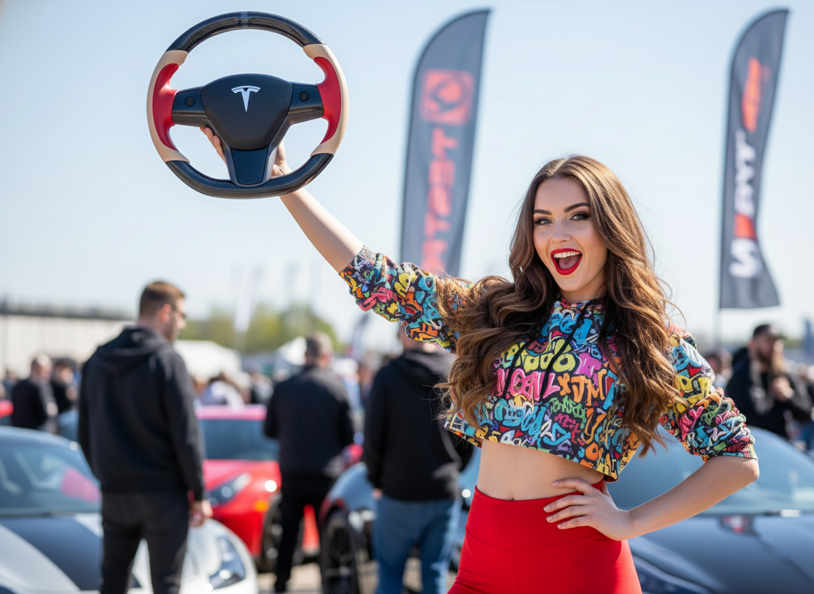 Bright red and warm brown Carbon Fiber Tesla Model Y Steering Wheel-Track Master(2020-2024) Axeco